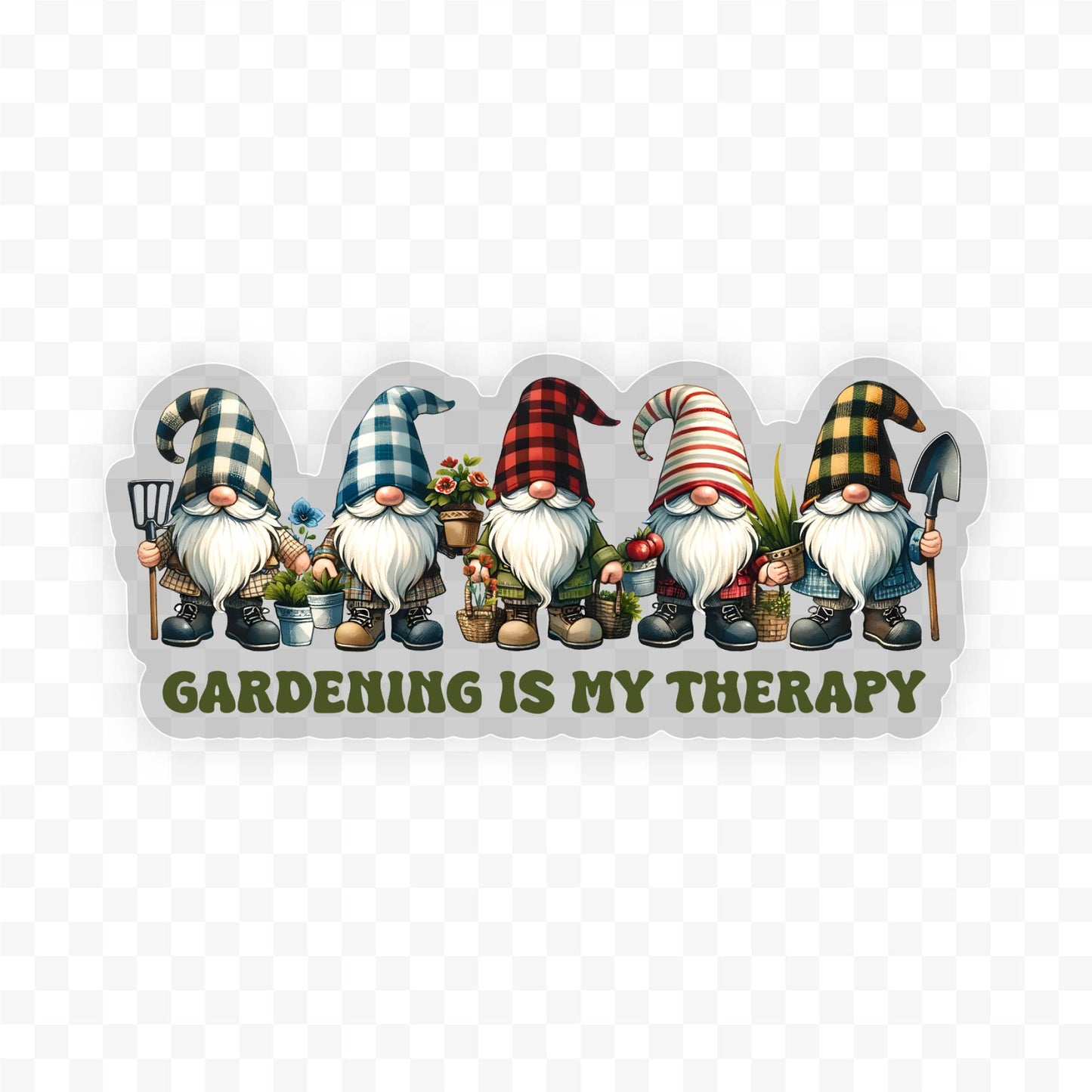 Gardening Is My Therapy Gnomes Vinyl, Sticker, 3x3 in.