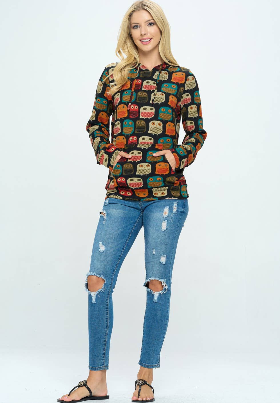 Owl Print Hoodie With Pocket