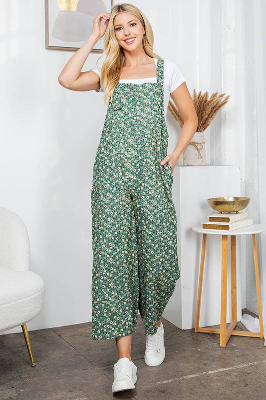Green Floral Print Corduroy Overall