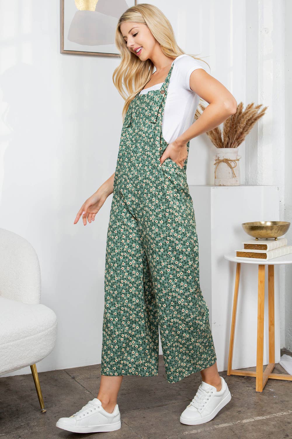Green Floral Print Corduroy Overall