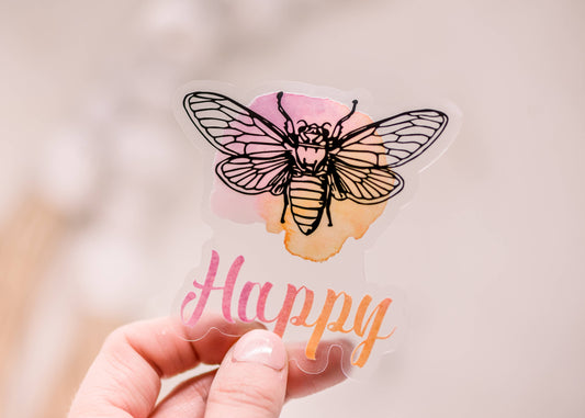 Bee Happy Clear, Vinyl Sticker, 3x3 in