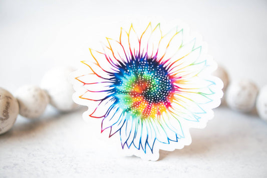 Sunflower Outline, Rainbow, Clear Vinyl Sticker, 3x3 in.