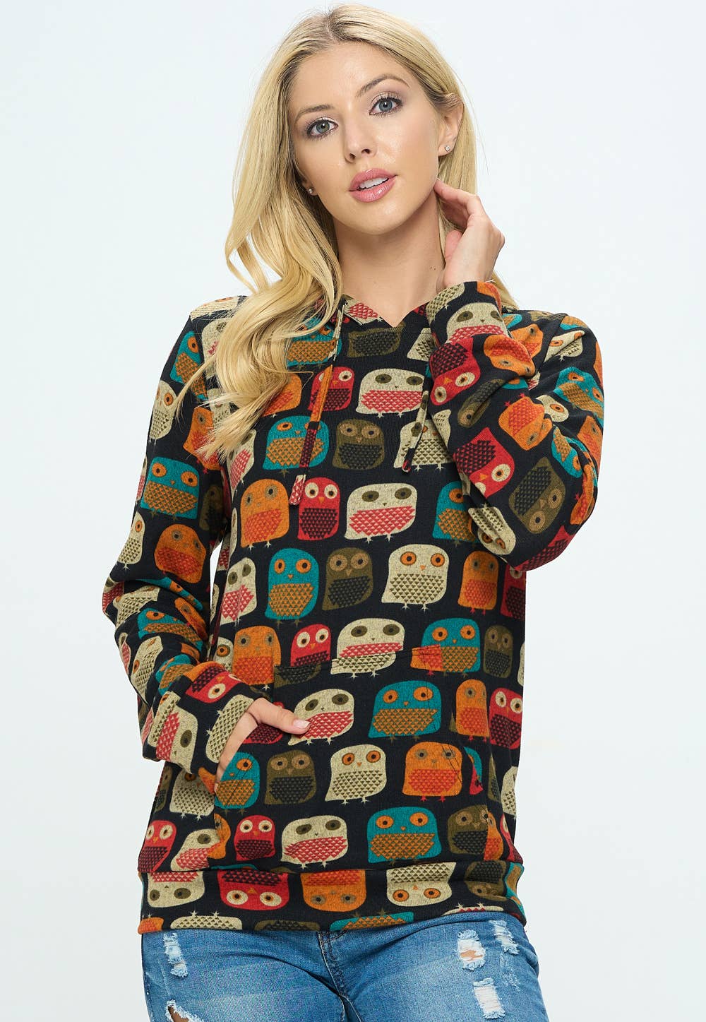 Owl Print Hoodie With Pocket