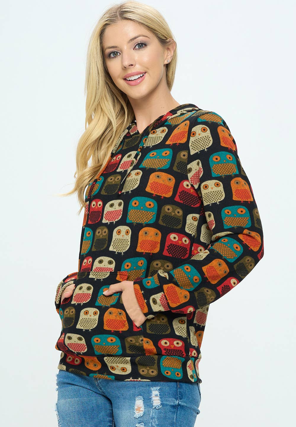 Owl Print Hoodie With Pocket